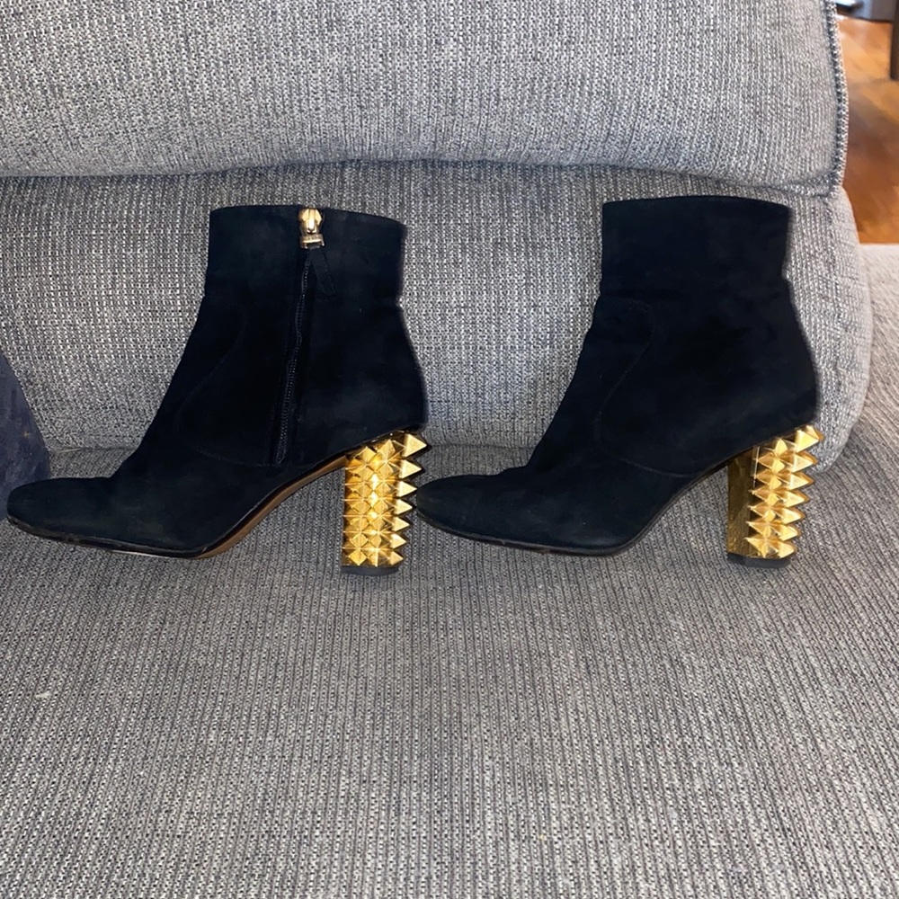 FENDI black suede booties with gold spike stacked heel